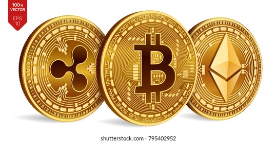 Bitcoin. Ripple. Ethereum. 3D isometric Physical coins. Digital currency. Cryptocurrency. Golden coins with bitcoin, ripple and ethereum symbol on white background. Vector illustration.