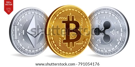 Bitcoin. Ripple. Ethereum. 3D isometric Physical coins. Digital currency. Cryptocurrency. Silver and golden coins with bitcoin, ripple and ethereum symbol on white background. Vector illustration