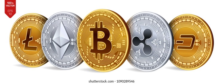 Bitcoin. Ripple. Ethereum. Dash. Litecoin. 3D isometric Physical coins. Crypto currency. Golden and Silver coins with bitcoin, ripple, ethereum, dash and litecoin symbol on white background. Vector.