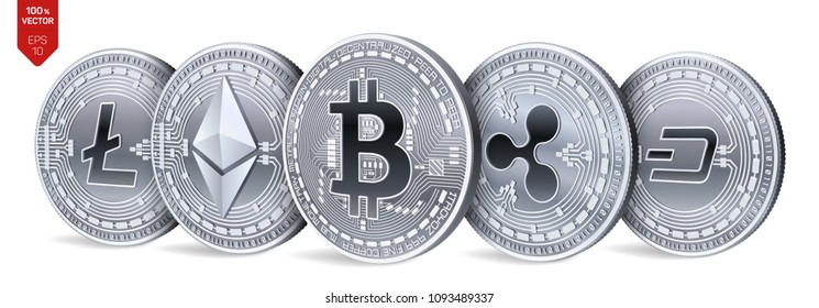 Bitcoin. Ripple. Ethereum. Dash. Litecoin. 3D isometric Physical coins. Crypto currency. Silver coins with bitcoin, ripple, ethereum, dash and litecoin symbol on white background. Vector illustration.