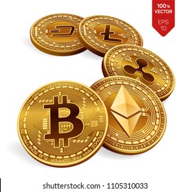 Bitcoin. Ripple. Ethereum. Dash. Litecoin. 3D isometric Physical coins. Crypto currency. Golden coins with bitcoin, ripple, ethereum, dash and litecoin symbol on white background. Vector illustration.