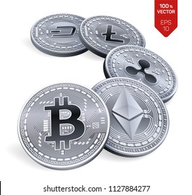Bitcoin. Ripple. Ethereum. Dash. Litecoin. 3D isometric Physical coins. Crypto currency. Silver coins with bitcoin, ripple, ethereum, dash and litecoin symbol on white background. Vector illustration.