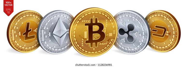 Bitcoin. Ripple. Ethereum. Dash. Litecoin. 3D isometric Physical coins. Crypto currency. Golden and Silver coins with bitcoin, ripple, ethereum, dash and litecoin symbol on white background. Vector.