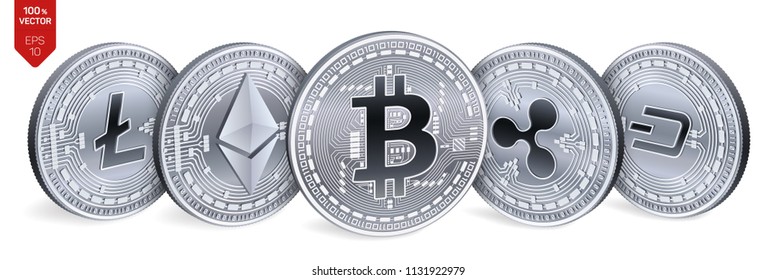 Bitcoin. Ripple. Ethereum. Dash. Litecoin. 3D isometric Physical coins. Crypto currency. Silver coins with bitcoin, ripple, ethereum, dash and litecoin symbol on white background. Vector illustration.
