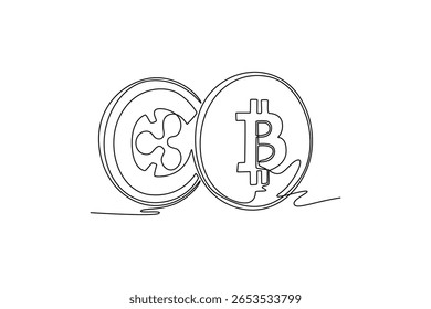 Bitcoin. Ondulação. ouro, bitcoin e conceito de moeda. Design de desenho de linha única. Ilustração gráfica vetorial