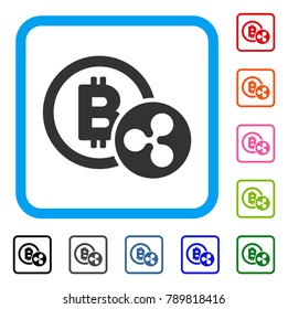 Bitcoin And Ripple icon. Flat grey pictogram symbol in a blue rounded rectangle. Black, gray, green, blue, red, orange color versions of Bitcoin And Ripple vector.
