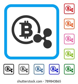 Bitcoin And Ripple icon. Flat grey iconic symbol in a blue rounded rectangular frame. Black, gray, green, blue, red, orange color variants of Bitcoin And Ripple vector.