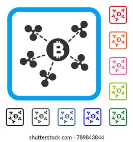 Bitcoin Ripple Network icon. Flat grey iconic symbol inside a blue rounded rectangular frame. Black, gray, green, blue, red, orange color versions of Bitcoin Ripple Network vector.