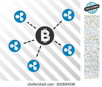 Bitcoin Ripple Network pictograph with 700 bonus bitcoin mining and blockchain icons. Vector illustration style is flat iconic symbols designed for crypto-currency websites.