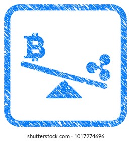 Bitcoin Ripple Swing Balance rubber seal stamp imitation. Icon vector symbol with grunge design and corrosion texture in rounded square frame. Scratched blue stamp imitation on a white background.