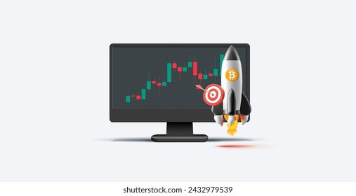 Bitcoin rise as rocket illustration in front of computer monitor with Japanese candlestick graph, target goal profit