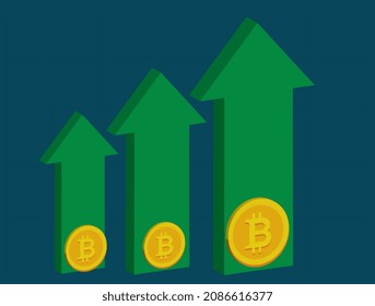 Bitcoin rises in value vector illustration Bitcoin and blockchain concept, rise of bitcoin price