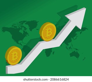 Bitcoin rises in value vector illustration world map back ground. Bitcoin and blockchain concept, rise of bitcoin price