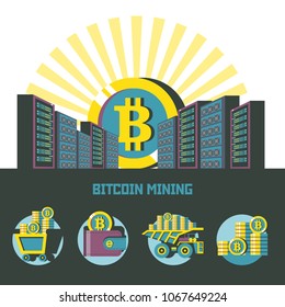 Bitcoin as the rising sun rises above the servers. Set of emblems.Trolley with bitcoins, wallet with bitcoins, stack of coins, dump truck with bitcoins.