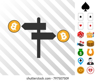 Bitcoin Road Pointer pictograph with bonus casino pictographs. Vector illustration style is flat iconic symbols. Designed for gambling ui.
