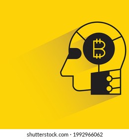 bitcoin in robot head icon with shadow on yellow background