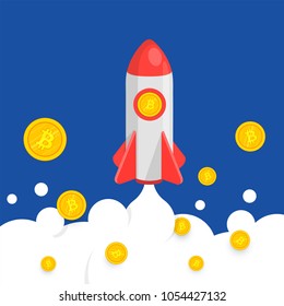 Bitcoin rocket above clouds.