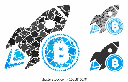 Bitcoin rocket composition of ragged parts in various sizes and color tinges, based on Bitcoin rocket icon. Vector unequal parts are combined into composition.