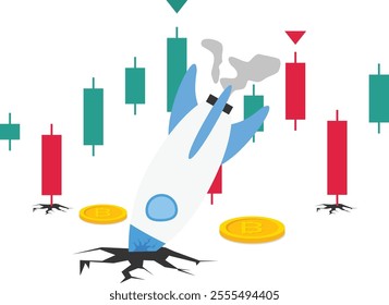 Bitcoin rocket could not reach the moon, Investing in the stock market and crypto currency, bull market, bear market, Vector illustration design concept in flat style

