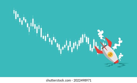 Bitcoin rocket crash on the land. Bitcoin price fall down causing huge lost concept vector illustration