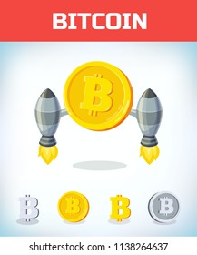 Bitcoin with rocket. Bitcoin. Digital currency. Crypto currency. Money and finance symbol. Miner bit coin criptocurrency. Virtual money concept. Cartoon Vector illustration.
