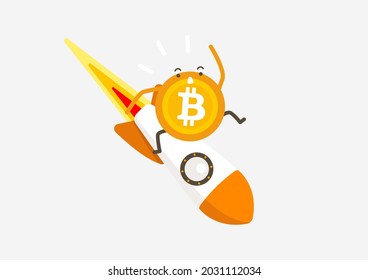 Bitcoin rocket falling down. Cryptocurrency cartoon concept.