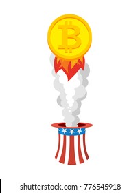 Bitcoin rocket. flies out of hat of Uncle Sam. Growth of price of crypto currency. Witcher illustration
