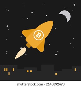 Bitcoin Rocket Flying To The Moon With Houses In The Background