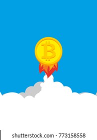 Bitcoin rocket. Growth of  price of crypto currency. Witcher illustration
