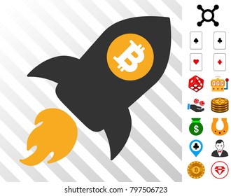 Bitcoin Rocket icon with bonus gambling pictures. Vector illustration style is flat iconic symbols. Designed for casino gui.