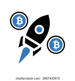 Icono de cohete de bitcoin (icono de moneda) Ilustración de vector azul y negro