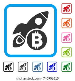 Bitcoin Rocket icon. Flat gray pictogram symbol in a light blue rounded rectangular frame. Black, gray, green, blue, red, orange color additional versions of Bitcoin Rocket vector.