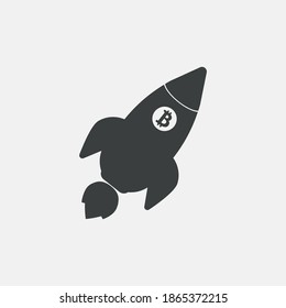 Bitcoin rocket icon on white background.