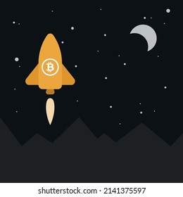 Bitcoin-Rakete, die nachts vom Boden aus gestartet wird