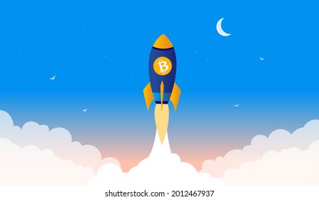 cohete Bitcoin a la luna - Nave espacial con criptodivisa volando directo al cielo nocturno. Bullish en el concepto de moneda bit, ilustración vectorial.