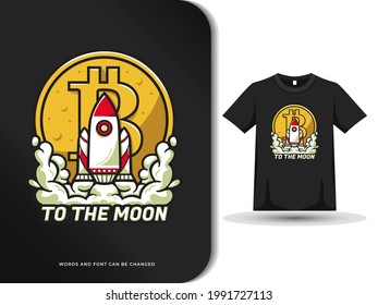 Bitcoin and rocket to the moon t shirt design. Rocket launch in graphic vector illustration