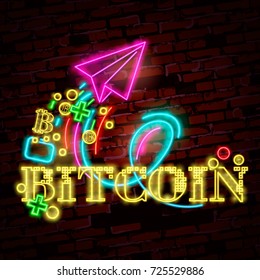 Bitcoin Rocket. Neon Rocket launch. One solid line. vector illustration. business start-up banner concept. Thin line style banner. Trendy vector placard.