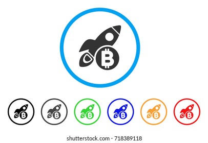 Bitcoin Rocket rounded icon. Style is a flat bitcoin rocket grey symbol inside light blue circle with black, gray, green, blue, red, orange variants. Vector designed for web and software interfaces.