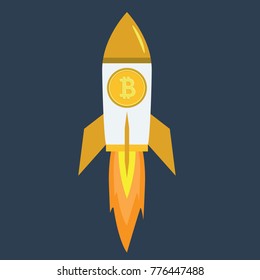 Bitcoin Rocket ship flying with success. Developement concept.