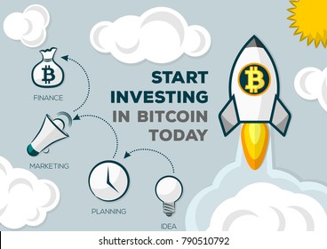 Bitcoin Rocket Ship Launching Into Space.  Bitcoin growth concept. Vector illustration in flat style