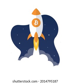 bitcoin rocket starts to the moon, isolated on white