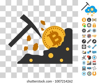 Bitcoin Rocks Mining pictograph with bonus bitcoin mining and blockchain pictographs. Vector illustration style is flat iconic symbols. Designed for crypto currency ui toolbars.