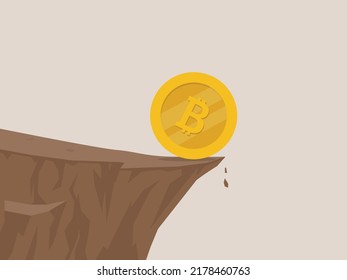 A bitcoin rolling to the edge of a cliff into the abyss, cryptocurrency risk concept