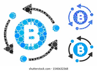 Bitcoin rotation arrows mosaic of filled circles in different sizes and color hues, based on Bitcoin rotation arrows icon. Vector filled circles are united into blue mosaic.