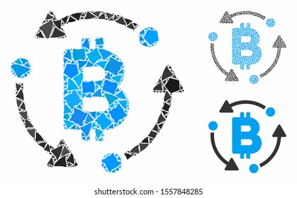 Bitcoin rotation composition of raggy items in different sizes and color tinges, based on Bitcoin rotation icon. Vector abrupt items are organized into composition.