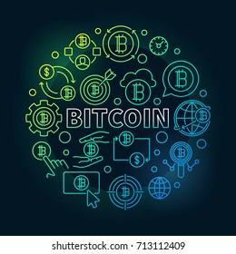 Bitcoin round colorful illustration. Vector round bitcoin currency concept line symbol on dark background