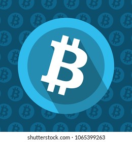 Bitcoin round icon on blue background with coins. Flat design vector illustration