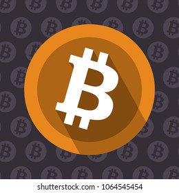 Bitcoin round icon on dark background with coins. Flat design vector illustration