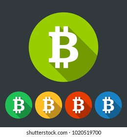 Bitcoin round icons set in five colors. Flat design vector illustration
