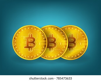 bitcoin row with shadow on blue background in vector illustrative. Bitcoin is crytocurrency create in new technology for future